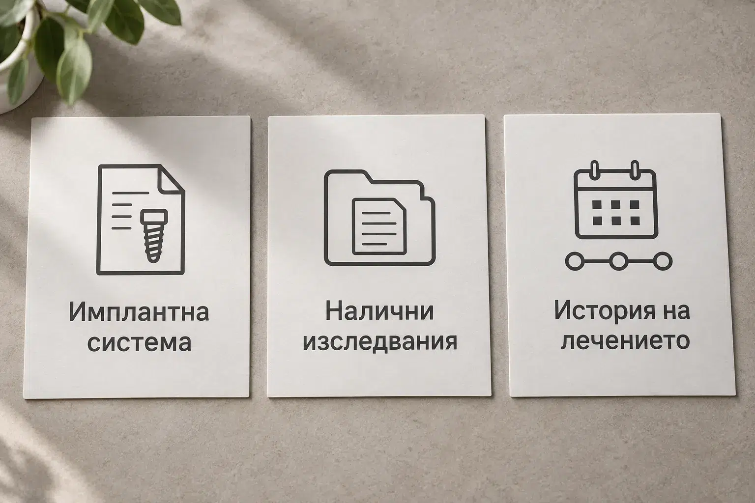 Документи при консултация за проблеми с базални импланти: имплантна система, изследвания и история на лечението.