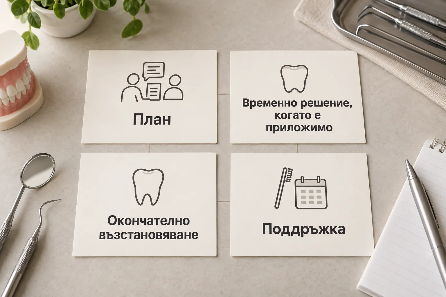 Зъбни импланти: схема на планирането, временното решение при приложимост, окончателното възстановяване и поддръжката.